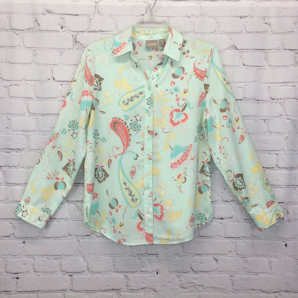 Chico's Shirt/Blouse Size 0/XS Paisley Floral Stretch Button Up Roll Tab Sleeves
